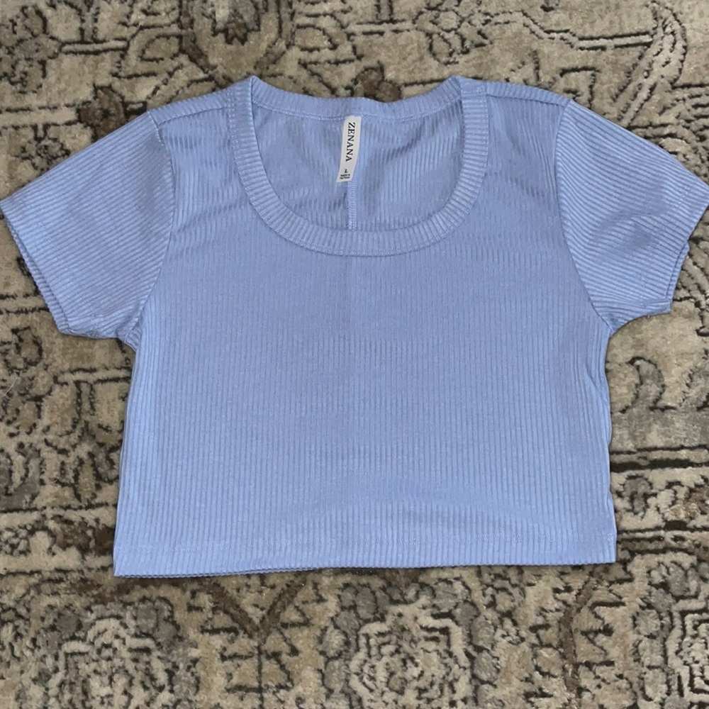 Zenana Ribbed Scoop Neck Crop Shortsleeved T-Shirt Spring Blue